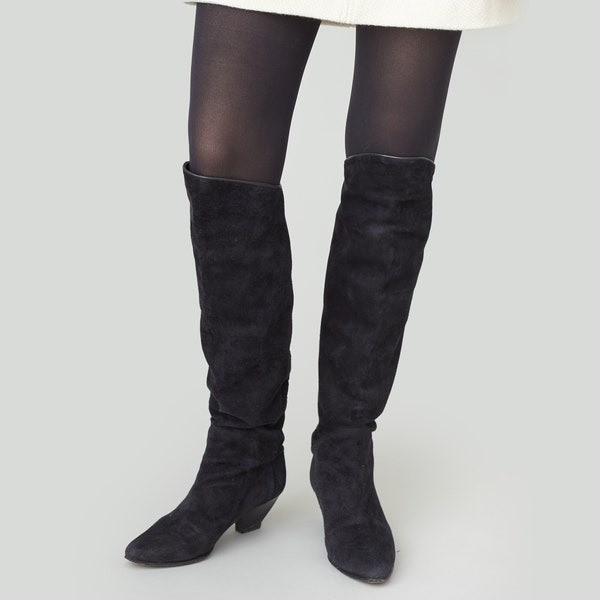 Bottes hautes en daim vintage taille 37,5 EU, 7,5 US | Bottes en cuir noires à bouts pointus et talons moyens