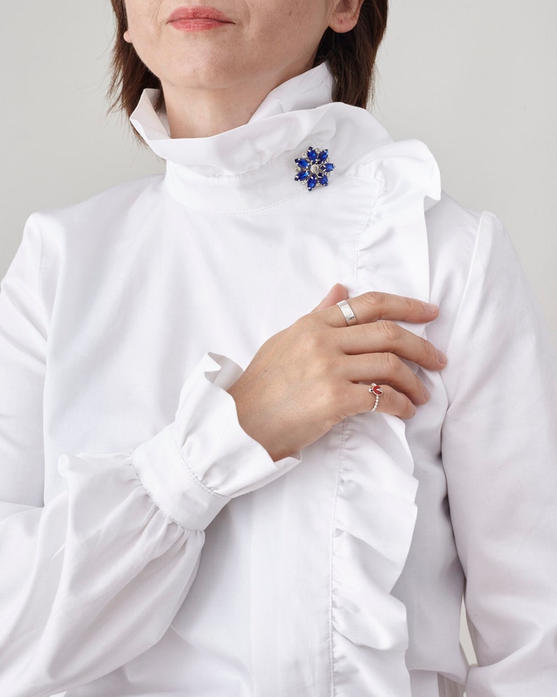 White Cotton Blouse Ladies White Shirt with Ruffled Collar and Cuffs Elegant Office Shirt with Rhinestone Embellishments FTN50_71COT image 1