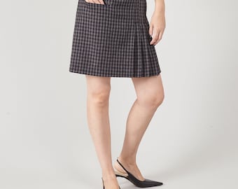 Minigonna in lana fatta a mano: plissettata a trapezio, design scozzese preppy