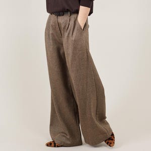 Wide-Leg Wool Pants for Women – High-Waist Pleated Tailored Trousers, Classic Elegant Palazzo in 100% Wool Tweed (Brown, Black, Grey)