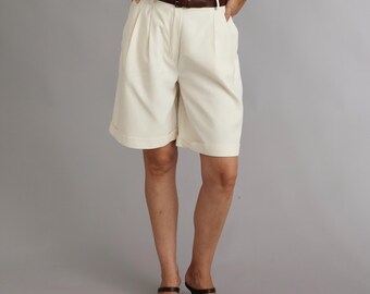 High Waisted Raw Silk Shorts with Pleats, Tailored Ivory Bermudas with Pockets