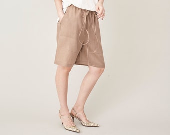 Custom Made Beige Linen Bermuda Shorts with Tie Waist and Large Patch Pockets | Linen Bermuda Shorts for Women