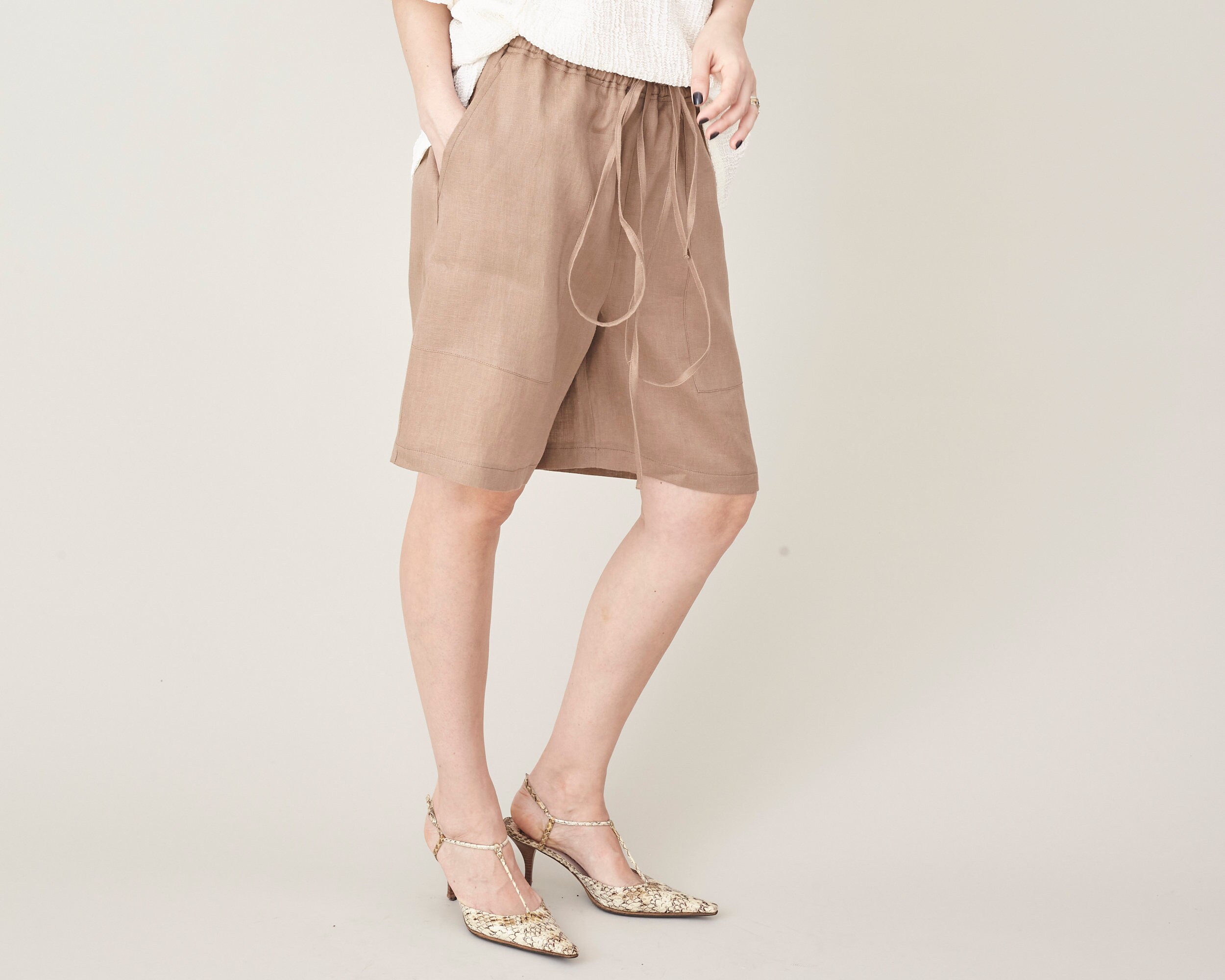 Linen Bermuda Shorts, Draw String, Elastic Waist Baggy Beach Short Pants