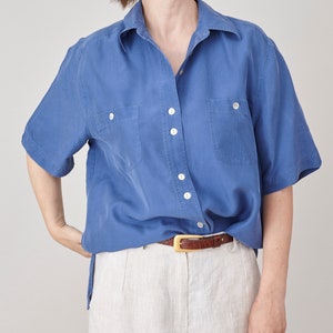 Pure Silk Shirt Size M L Blue Silk Short Sleeve Blouse FTV1455 image 7