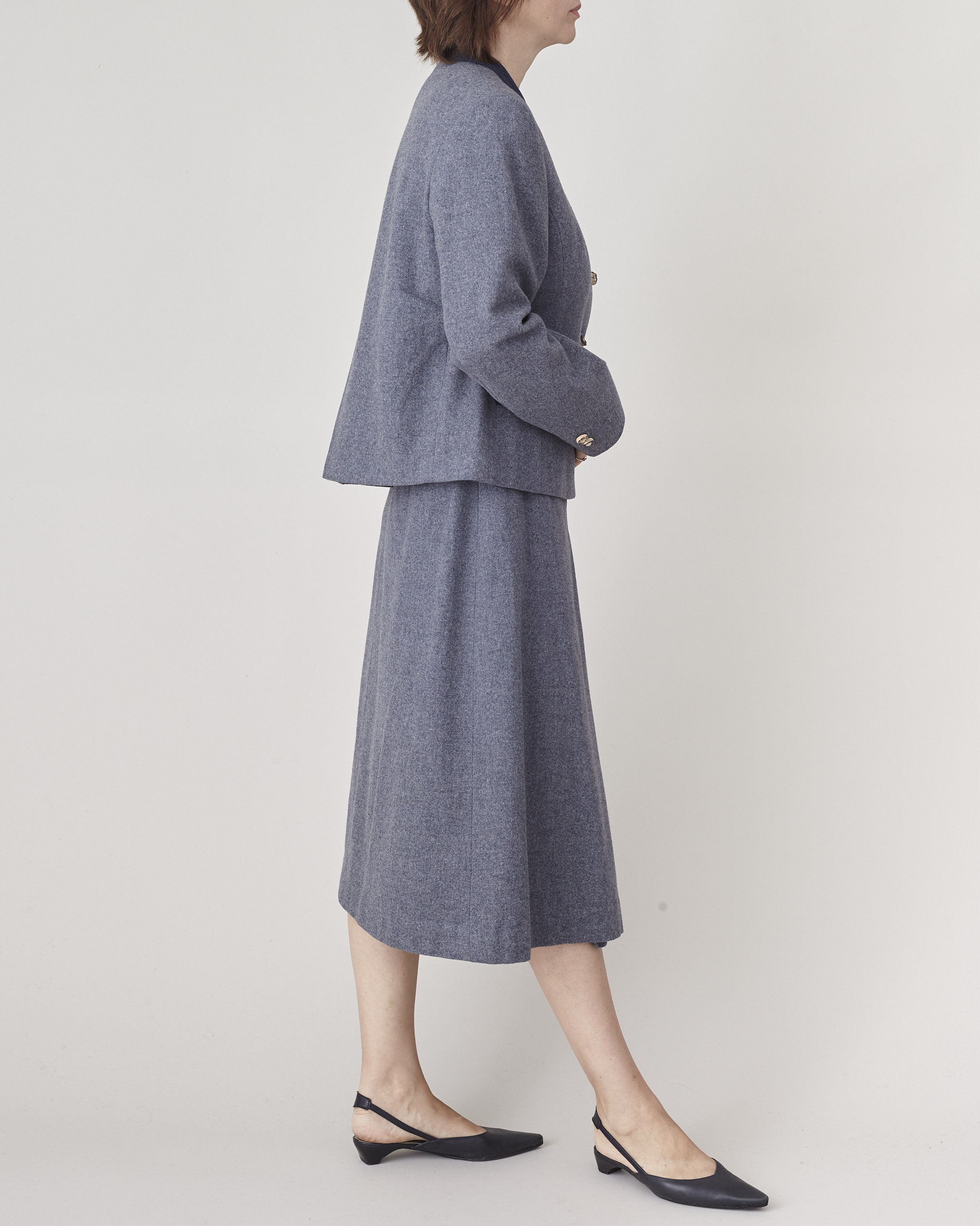 Tailleur Laine Mani Veste + Jupe Taille M – Vintage Années 90, Gris, Italie