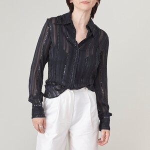 Vintage Black Silk Sequin Blouse: Elegant Holiday Party Top XS