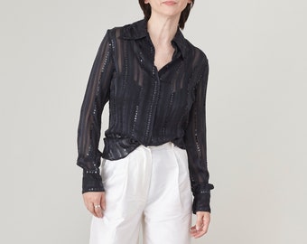 Vintage Black Silk Sequin Blouse: Elegant Holiday Party Top XS