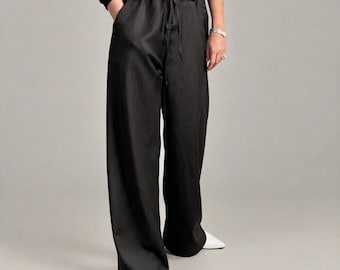 Brown Wool Wide Leg Trousers | Drawstring, Relaxed Tailored Pants