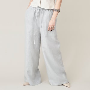Women&#39;s Wide Leg Linen Trousers with Drawstring, Elastic Waist - High-Rise, Baggy, Loose-Fitting Palazzo Pants for Summer, Multiple Colors
