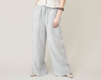 Handgemachte Leinen Palazzo Hose mit weitem Bein: Sommer Hose mit weitem Bein