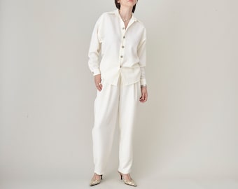 Wool Two Piece Set for Women | White Wool Pleated Pants and Matching Blouse | Black Wool 2 piece set