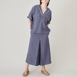 Coastal Linen 2 Piece Set for Women – Sailor Collar Blouse & Wide-Leg Culottes – 100% Linen Matching Set – Summer Outfit Custom