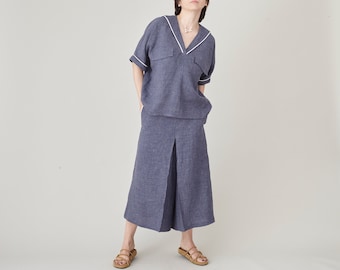 Custom Made Linen 2 Piece Set for Women with Culottes Pants and Short Sleeve Blouse with Sailor Collar | Summer Linen Set