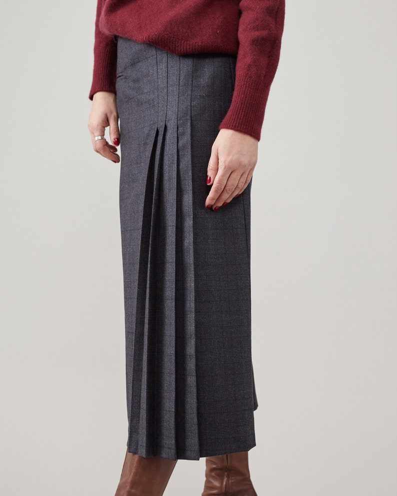 Wool Pleated Skirt for Women Plaid Brown Wool Skirt below the knees with one welt pocket, belt loops. Fully lined. FTN59_100WOL image 6