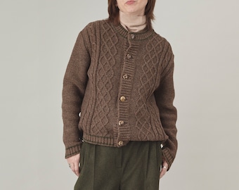 Vintage Hand-Knitted Wool Cardigan: Brown & Moss Green, Size M