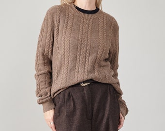 Vintage Brown Alpaca Wool Crew Neck Sweater - Women's Size L-XL | Cozy Cable Knit Jumper for Winter, 75% Alpaca Blend