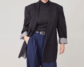 Vintage Pinstripe Wool Blazer | Double-Breasted Straight Cut Jacket, Oversized Fit FTV1597