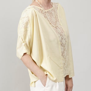 Vintage Butter Yellow Silk Blouse, Lace Detail, Oversized Fit, Women's S-L, Perfect for Summer and Daily Chic image 7