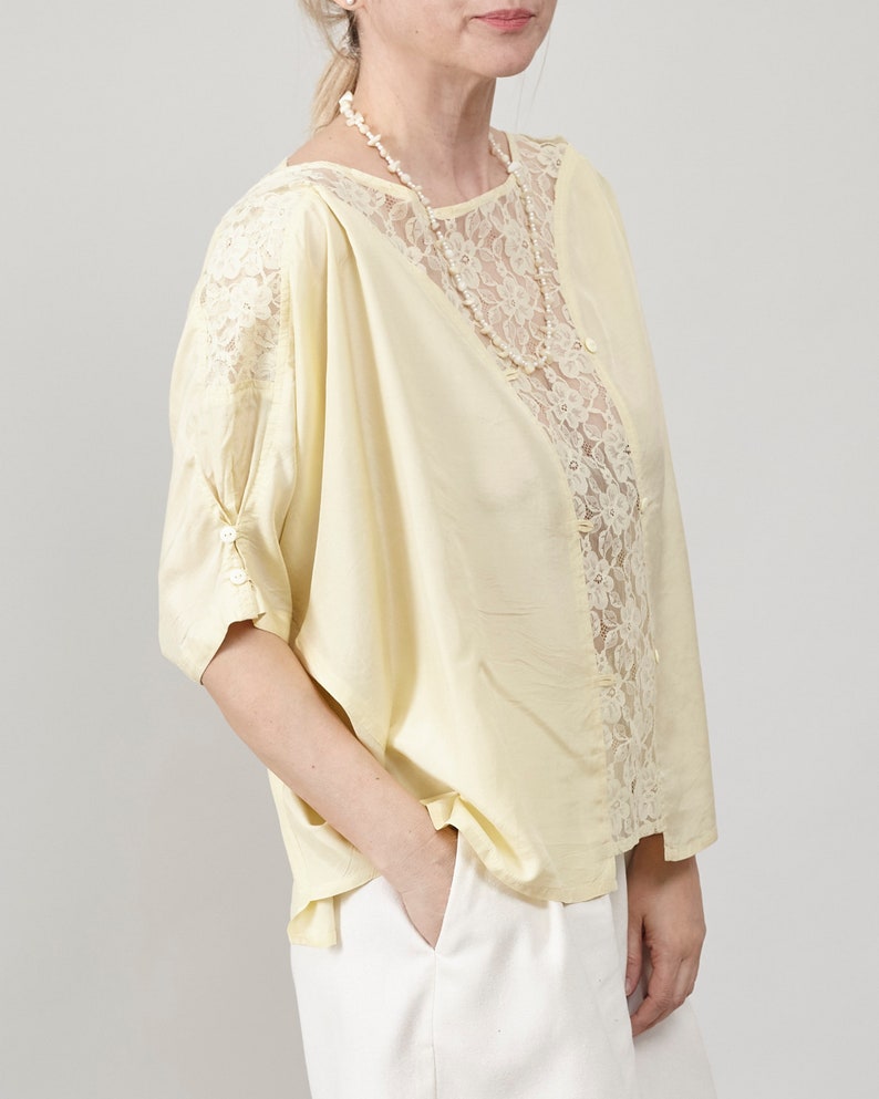 Vintage Butter Yellow Silk Blouse, Lace Detail, Oversized Fit, Women's S-L, Perfect for Summer and Daily Chic image 7