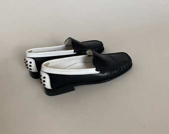 Mocassins vintage en cuir bicolore : mocassins noirs et blancs, fabriqués en Italie, pointure 6,5