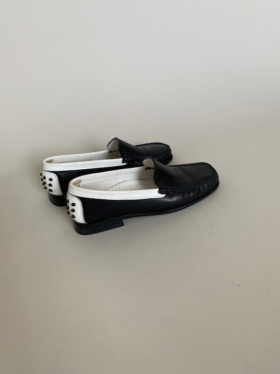 Vintage Two-Tone Leather Loafers: Black & White Driving Shoes, Made in Italy, Size 6.5