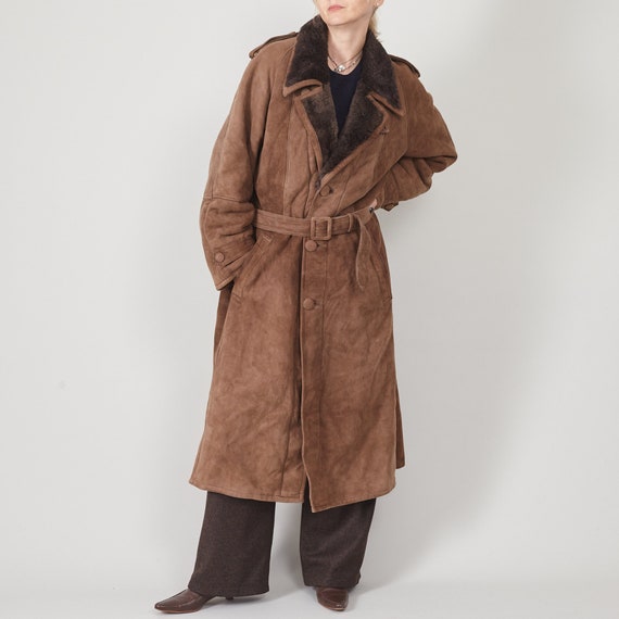Long Vintage Shearling Trench Coat | Brown XL, Belted Winter