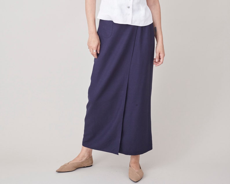 Vintage Linen Wrap Skirt for Women Size XS Navy Long Wrap Linen Skirt FTV1444 image 1