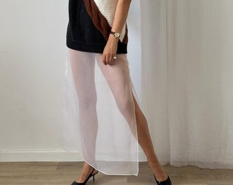 Falda larga de organza de seda hecha a mano: falda de capas transparente con abertura alta