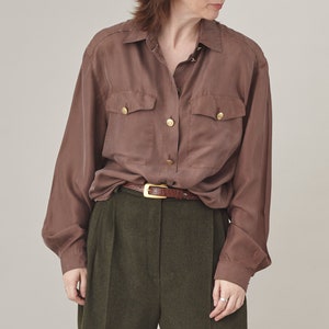 Vintage 80s Silk Blouse: Brown Shirt with Padded Shoulders, Size L