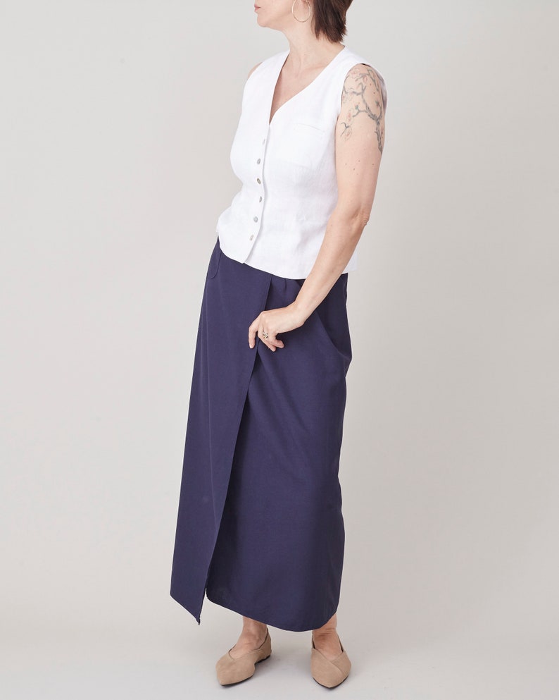 Vintage Linen Wrap Skirt for Women Size XS Navy Long Wrap Linen Skirt FTV1444 image 3