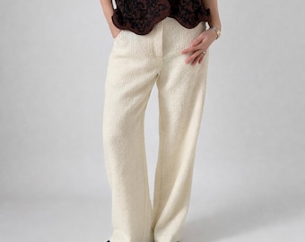 Pantalones de lana de tweed para mujer / Pantalones rectos y holgados