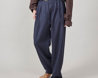 Pantalon baril en laine chic fait main - taille mi-haute, entrejambe spacieux, idéal pour le printemps/automne/hiver, parfait pour le bureau et le style urbain, tissus personnalisés