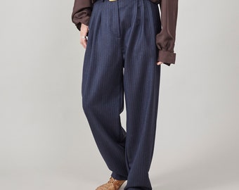 Pantaloni a botte in lana chic fatti a mano - Vita media, cavallo ampio, ideali per primavera/autunno/inverno, perfetti per ufficio e stile urbano, tessuti personalizzati