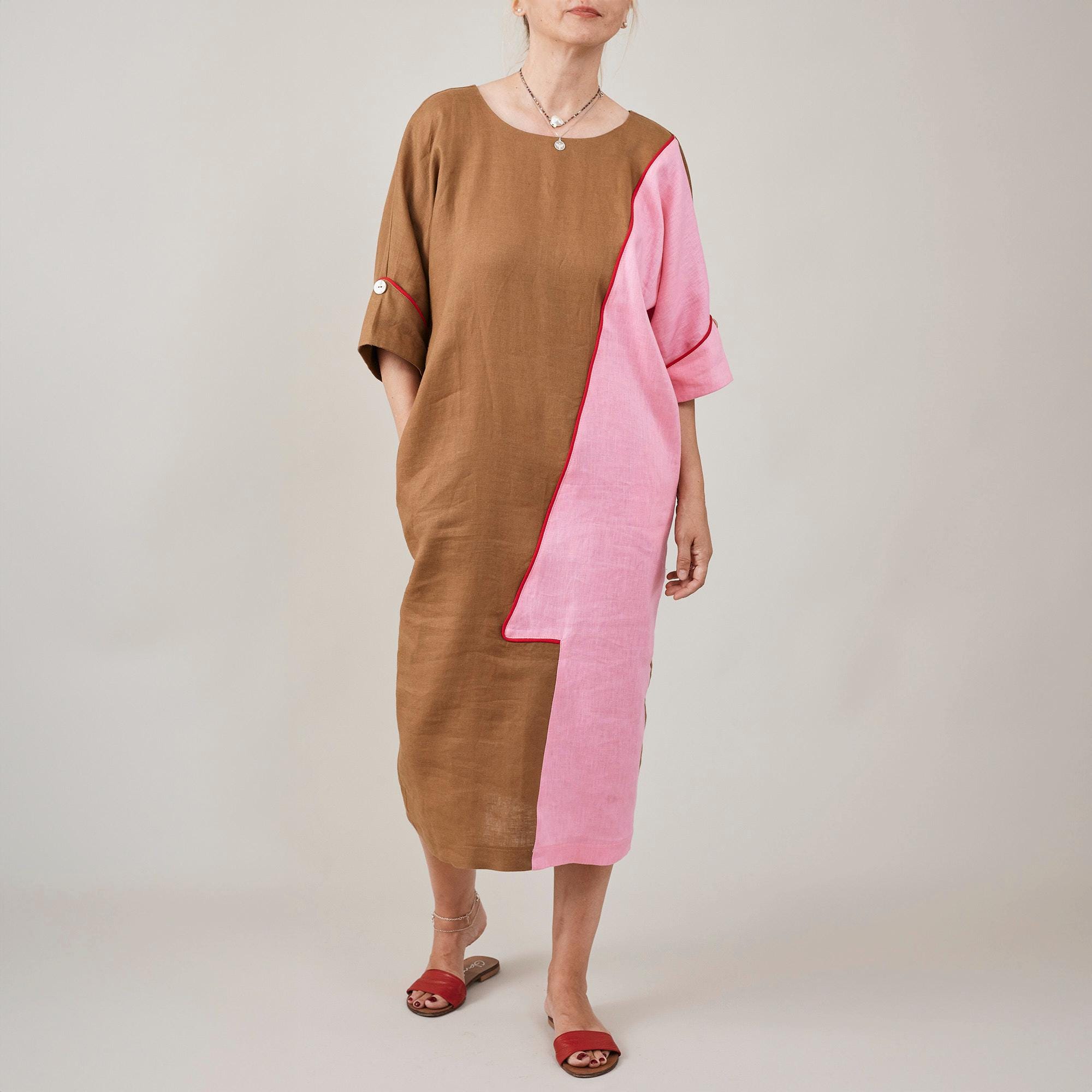Handmade Two-Tone Linen Midi Dress Back Button Summer Chic