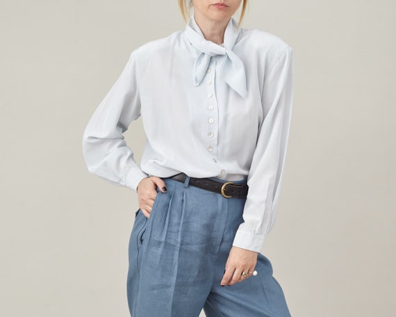 Bluelea♡Dot tweed blouse Blue Polka Dot Relaxed Fit Vintage Blouse // Long Sleeve