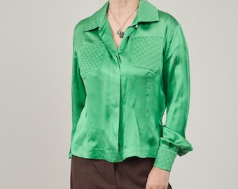Vintage Grüne Seiden Bluse: 90er Jahre Italienisches Charmeuse Hemd, Stepp-Detail