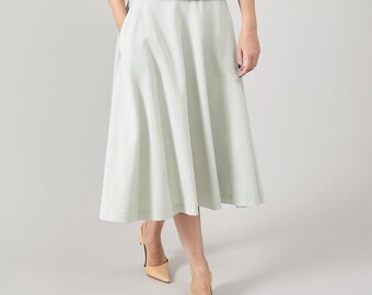 100% Wool Full Midi Skirt in Mint Green | Elegant Spring or Fall Workwear