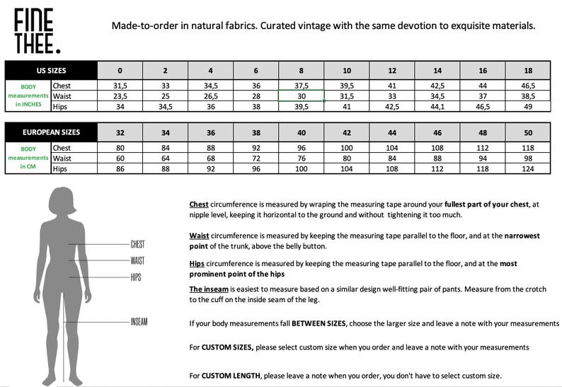 May include: Size chart for clothing with measurements in inches and centimeters. The chart includes chest, waist, and hip measurements for both US and European sizes.