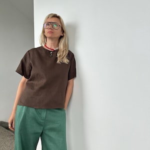 Brown Linen Top: Minimalist Short Sleeve Blouse, Italian Deadstock Linen