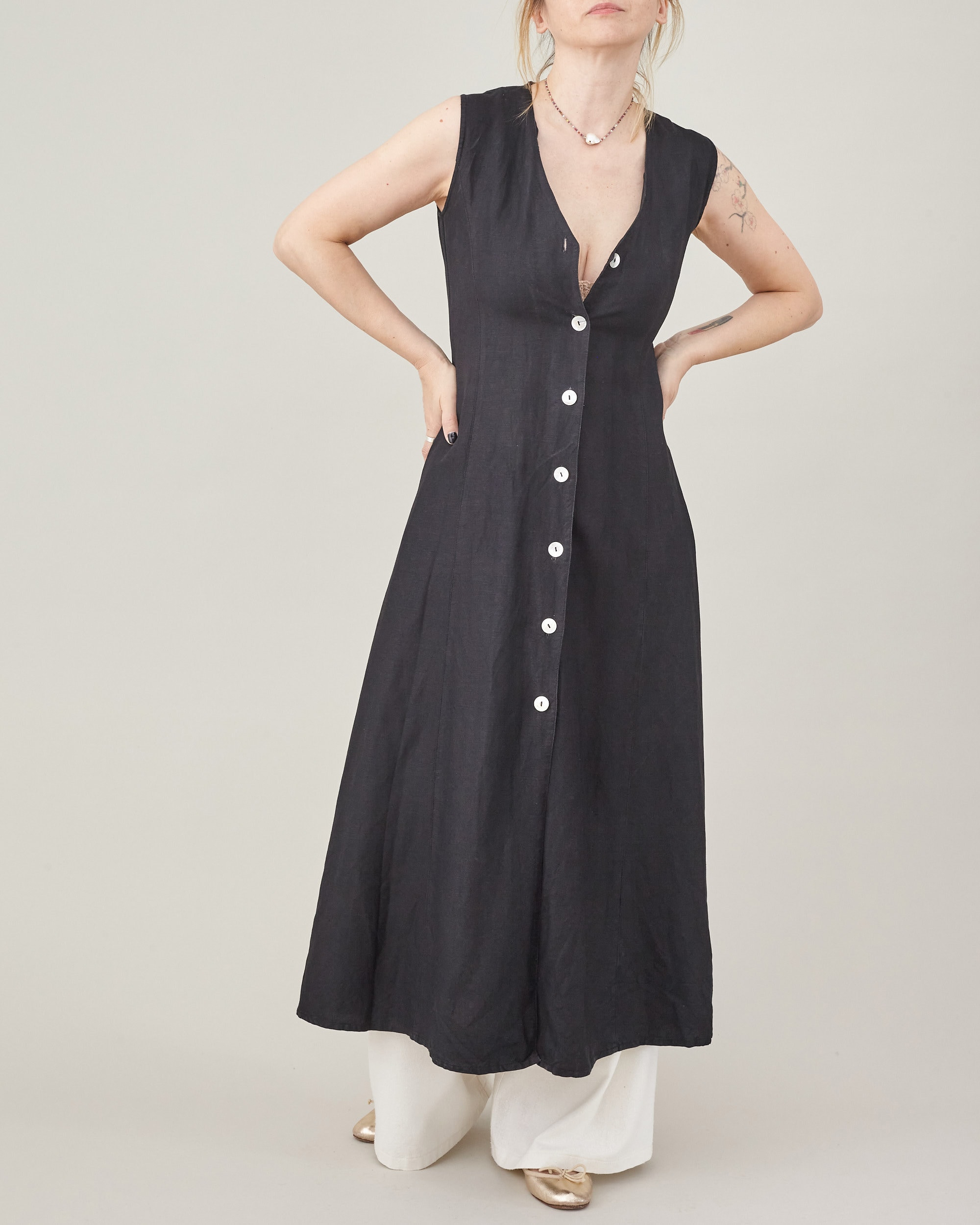 black linen fit and flare dress Black Linen Midi Dress – Handmade Vintage Fit & Flare Little Black Dress  with Pockets main image 0