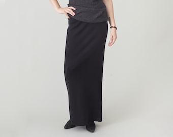 Vintage 100% Wool Knit Maxi Skirt - Black Minimalist Essential - Size L