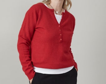 Red Cashmere Sweater Size S (US 4 - 6) | Vintage Henley Jumper for Women FTV2028