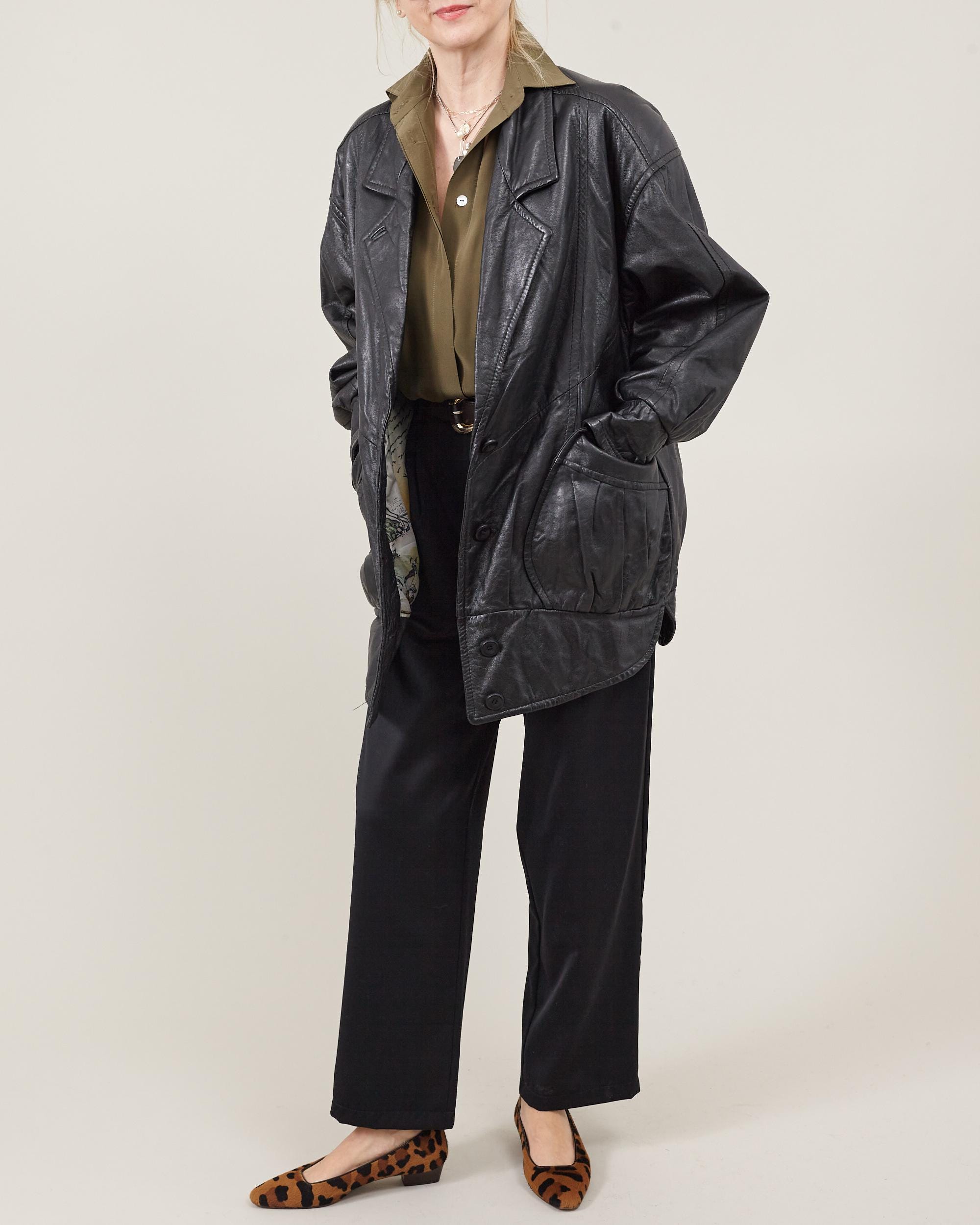 Vintage Black Leather Jacket for Women Size S | Retro Oversized
