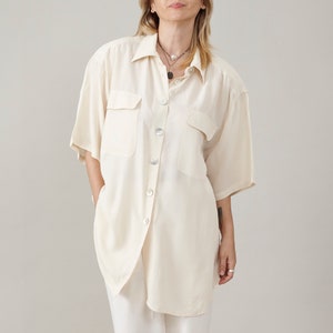 Vintage 100% Silk Blouse for Women Plus Size | Off White - 90&#39;s Short Sleeve Summer Top