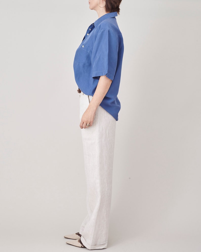 Pure Silk Shirt Size M L Blue Silk Short Sleeve Blouse FTV1455 image 3