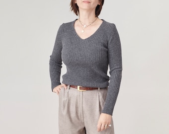 Suéter vintage de cachemira gris para mujer, talla S, cuello en V, jersey de canalé FTV1523