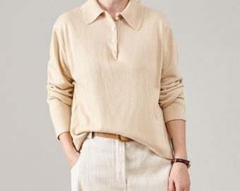 Vintage Cashmere-Silk Sweater - Medium Women | Soft Beige, Perfect for Layering, Premium Essential Henley Jumper