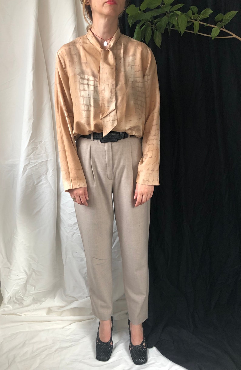 Cream Silk Blouse Silk Blouse with Shawl Collar Vintage Beige Silk Blouse for women Size M