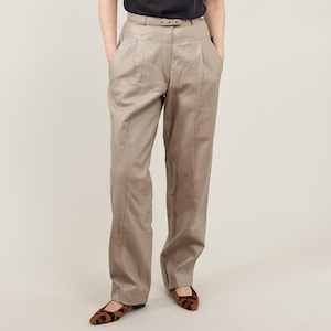 Vintage Taupe Leather Pants with Belt | ’90s Minimalism High Rise Straight Leg Trousers Women M US 6–8