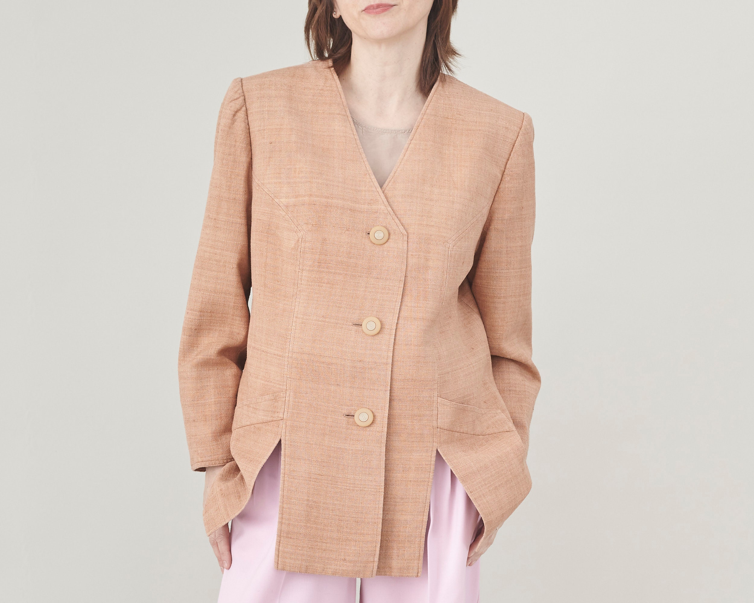 Vintage Tussah Silk Blazer Peachy Beige Spring Jacket, Size M-L